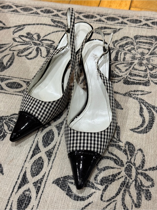 Anne Klein Shoes - Anne Klein Black & White Gingham Slingback Pointed Toe Pumps with Patent Caps
